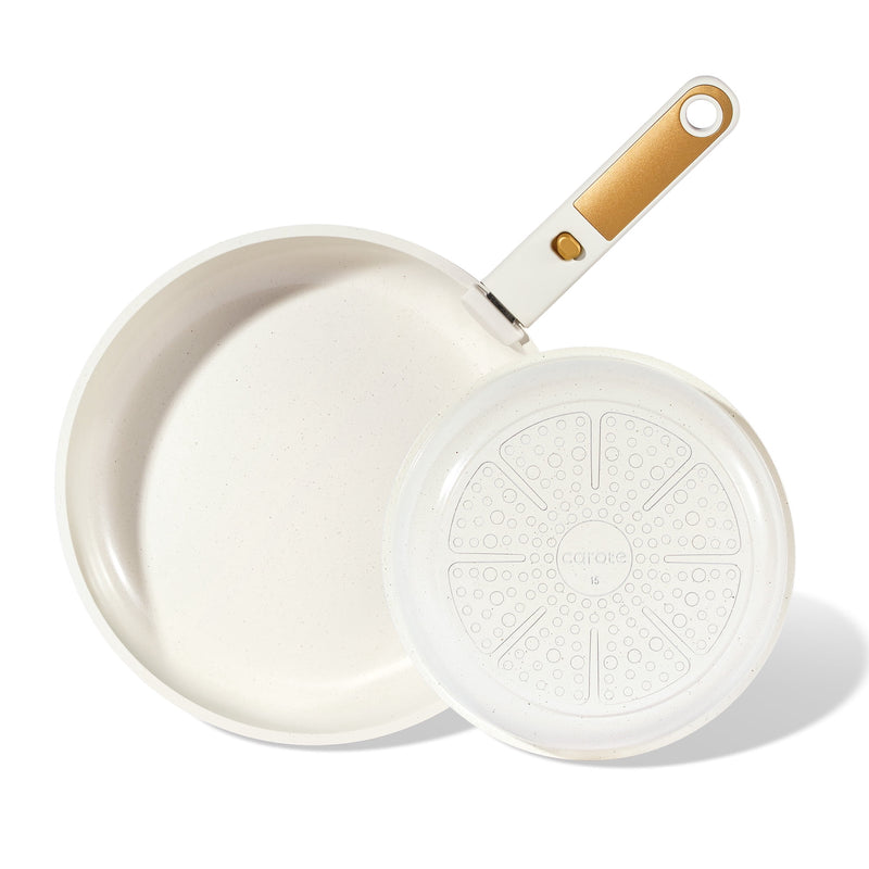 Carote Ceramic Nonstick Detachable Frying Pans Set, 3 Pieces Non Toxic Cookware Set with Induction, Oven/Dishwasher Safe, Easy for Storage, Cream White