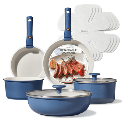 Carote 13 Pcs Nonstick Cookware Sets, Pots and Pans with Detachable Handles, Oven Safe, Stackable Kitchen Cooking Set, Induction Cookware, Navy Blue