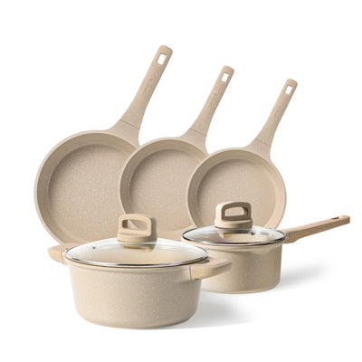 Carote Nonstick Cookware Set 7-Piece,Kitchen Pots and Pans Set,Stay-Cool Handles,Induction Compatible,Cookware Set for RV and Camping,Taupe