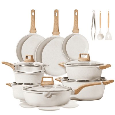 Carote Nonstick Cookware Sets, 24 Pcs Granite Non Stick Pots and Pans Set, Induction Cookware, White