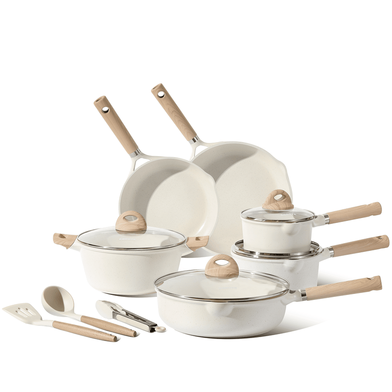 Carote Nonstick Pots and Pans Set, 13 Pieces Kitchen Cookware Sets Compatible for All Stoves, White Granite
